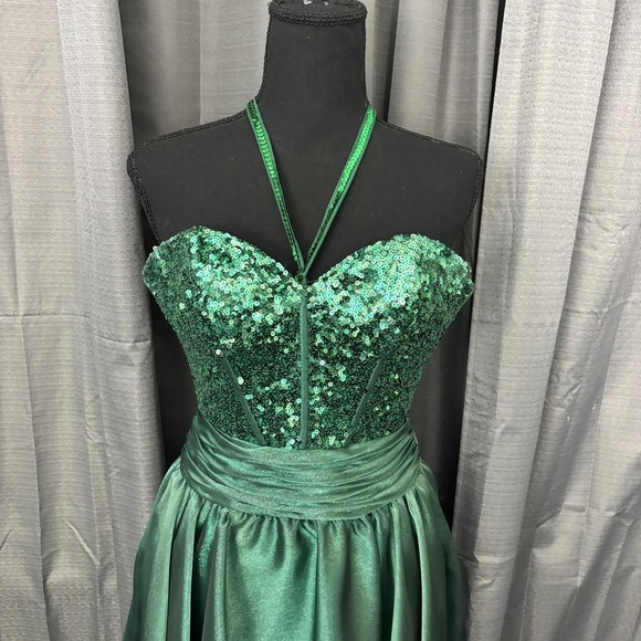 Sherri Hill Dress Womens 2 Emerald Green Sequin Halter Sweetheart Prom Cocktail - Picture 2 of 16